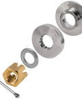 All In One Boat Propeller Installation Kit For Suzuki Outboards 50 To 140 HP With 15 Spline Shafts Includes Thrust Washer Spacer Washers Nut And Cotter Pin For Quick No Fuss Secure Mounting, showing thrust washer, spacer, nut and cotter pin components.