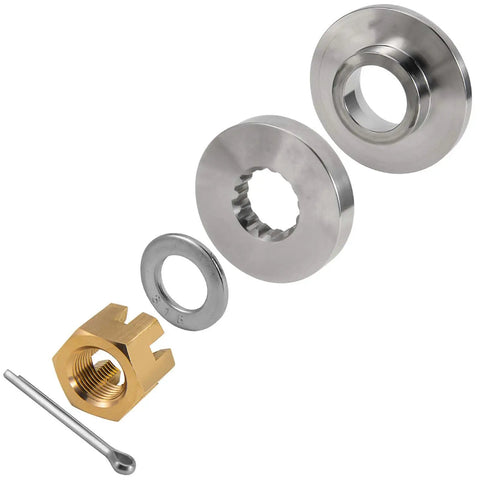 All In One Boat Propeller Installation Kit For Suzuki Outboards 50 To 140 HP With 15 Spline Shafts Includes Thrust Washer Spacer Washers Nut And Cotter Pin For Quick No Fuss Secure Mounting, showing thrust washer, spacer, nut and cotter pin components.