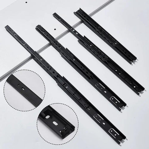 Four Piece Shop Grade Heavy Duty Steel Soft Close Drawer Slides 11 Inch Full Extension Side Mount Rails on a surface.