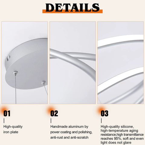 Sleek Modern LED Pendant Ring Chandelier With Dimmable Cool White 6000K Light For Dining Room And Foyer, detail close-up
