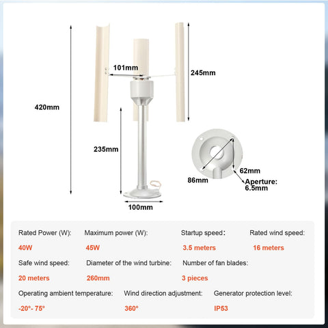 Three Blade Wind Turbine Generator With Controller 12V 30W For Boats, Cabins, Homes And Industrial Use dimensions chart