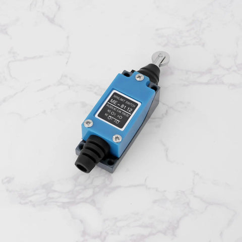 Two Pack ME-8112 Roller Mini Limit Switches 250V 5A Micro Switches with blue plastic housing and metal roller component.