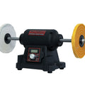 Heavy Lifter Eight Inch Benchtop Buffer Polisher With One Horsepower VFD Variable Speed Motor on sturdy base with polishing wheels.