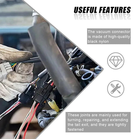 Angled front view of automotive vacuum line connectors (125 pcs) in black nylon; straight, Tee, reducer fittings.