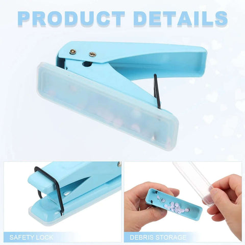One Quarter Inch Hole Punch Handheld Heavy Duty Metal Paper Punch For Tags DIY Projects Crafts Scrapbook Tickets Blue With Ergonomic Non Slip Grip And Durable Design For Easy One Hand Operation image showing product details and safety features.
