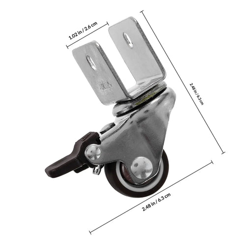 Rugged Swivel Furniture Casters With Gliding Silent Rollers And Tough Round Plates Built For Cabinets Drawers And Office Gear On Hardwood Floors Featuring Quick Fit Brake Clamps For Any Space, showing steel mounting base and attached brake.