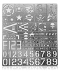 Pro Grade Stainless Steel Spray Stencil Kit For 1 35 Scale Military Models With 32 Patterns showing various symbols and text details.