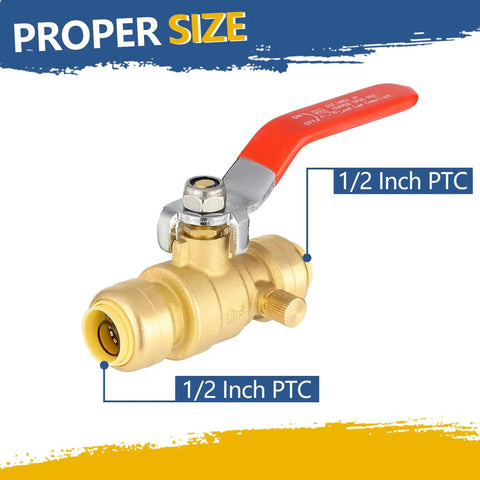 1/2 Inch Push Fit Ball Valve With Drain Full Port Brass Shut Off For Copper PEX CPVC Plumbing Fittings Pack Of 5 Lead Free DZR