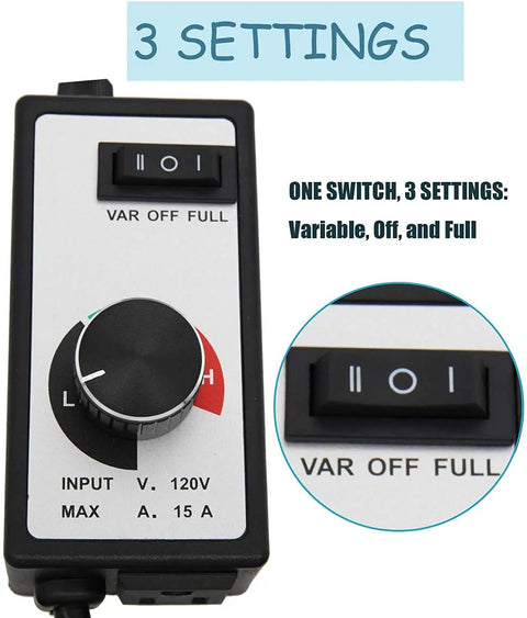Close-up of Inline Router Fan Speed Controller For AC Brushed Motors, 120V, 500W-1800W Power, 3-Setting Variable Off Full Switch