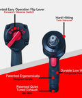 Close-up of No Nonsense 1/2 Inch Air Impact Wrench featuring flip lever and ergonomic handle for easy operation.