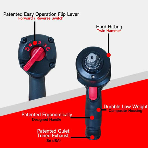 Close-up of No Nonsense 1/2 Inch Air Impact Wrench featuring flip lever and ergonomic handle for easy operation.
