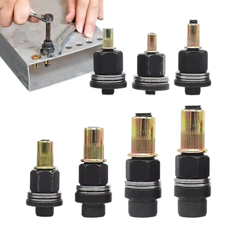 Beefy Rivet Nut Tool Kit Set with 7 Carbon Steel Drill Attachments shown in use on metal surface, M3-M12.