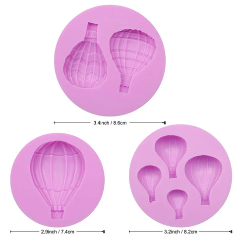 Hot Air Balloon Silicone Molds For Chocolate, Fondant And Cake Decorating, varying shapes and sizes, realistic balloon details.