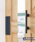 Close-up of a T-shape hanger and door handle from the Top Mount Sliding Barn Door Hardware Kit For 6 Ft Doors Complete Set With 36 Inch Wide Panel Fit