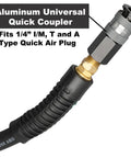 Aluminum quick coupler and plug on Beefy Rubber Air Hose Three Eighths Inch ID 50 Feet With Swivel Aluminum Quick Coupler And Plug 300 PSI Max Flexible Kink Resistant Weather Resistant For Pro Air Compressors With Brass Fittings