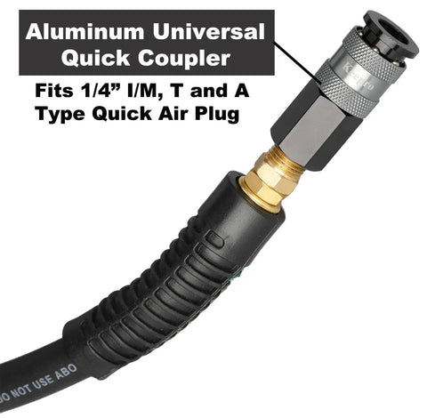 Aluminum quick coupler and plug on Beefy Rubber Air Hose Three Eighths Inch ID 50 Feet With Swivel Aluminum Quick Coupler And Plug 300 PSI Max Flexible Kink Resistant Weather Resistant For Pro Air Compressors With Brass Fittings