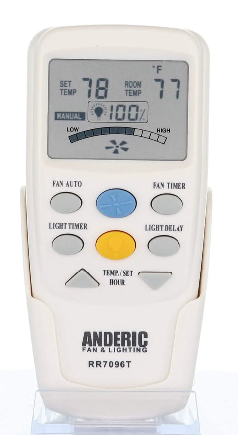 Front view of thermostatic ceiling fan remote replacement for Hampton Bay and Harbor Breeze with fan and light timer.