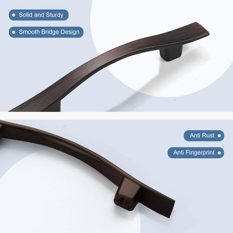 Close-up of 10 Pack 3 Inch Hole Center Cabinet Handles Oil Rubbed Bronze Bridge Design Zinc Alloy Drawer Pulls showing smooth design.