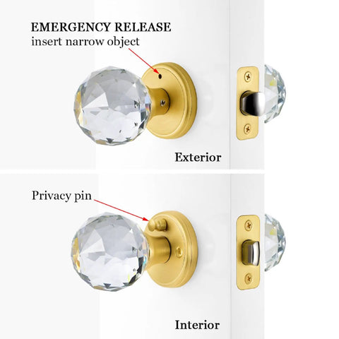 Crystal Glass Door Knobs With Privacy Lock For Bedroom And Bathroom, Gold Satin Brass Finish, showing exterior and interior view.