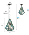 Wood Beaded Chandelier Light Fixture For Boho Farmhouse Vibe Pendant Ceiling Lamp In Rustic Grey Blue with adjustable chain.