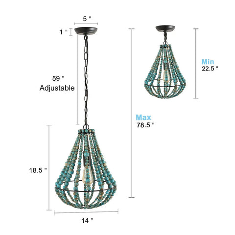 Wood Beaded Chandelier Light Fixture For Boho Farmhouse Vibe Pendant Ceiling Lamp In Rustic Grey Blue with adjustable chain.