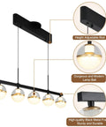 32 Inch Wide Modern LED Kitchen Island Pendant Light Five Light Kit Adjustable Height Dimmable 3000K Warm White Black And Gold Finish Chandeliers For Kitchen Island And Dining Room with detailed features labeled.