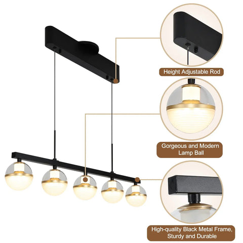 32 Inch Wide Modern LED Kitchen Island Pendant Light Five Light Kit Adjustable Height Dimmable 3000K Warm White Black And Gold Finish Chandeliers For Kitchen Island And Dining Room with detailed features labeled.