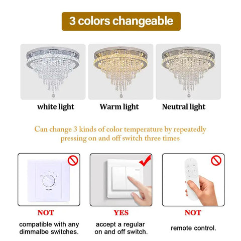 Crystal Chandelier LED Ceiling Light 19.6 Inch Flush Mount for Living Room Bedroom Kitchen Dining Room Modern Sparkle Fixture With Variable Light and Dimmable Brightness Durable Crystal and Stainless Steel Build, showing color options and controls.