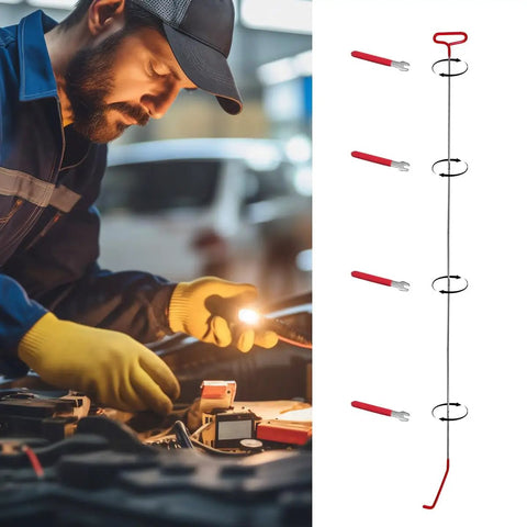 Mechanic using Long Reach Car Tool Kit With 67 Inch Adjustable Puller Hook, Stainless Steel Emergency Auto Repair Multi Tool