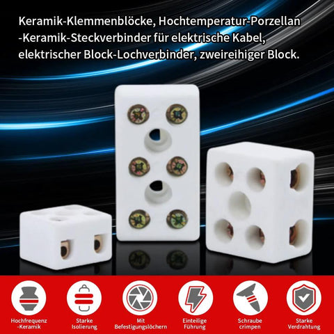 Front view of white porcelain ceramic 1-way terminal blocks with 2.5 mm inlet and screw terminals