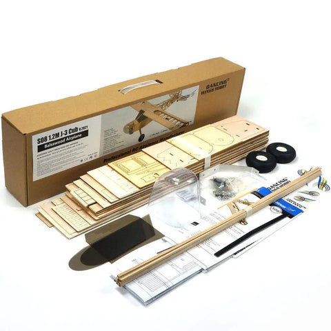 RC Balsa Airplane Kit Piper Cub J3 Laser Cut 46 Inch Wooden Model Planes to Build for Adults DIY Unassembled with parts displayed