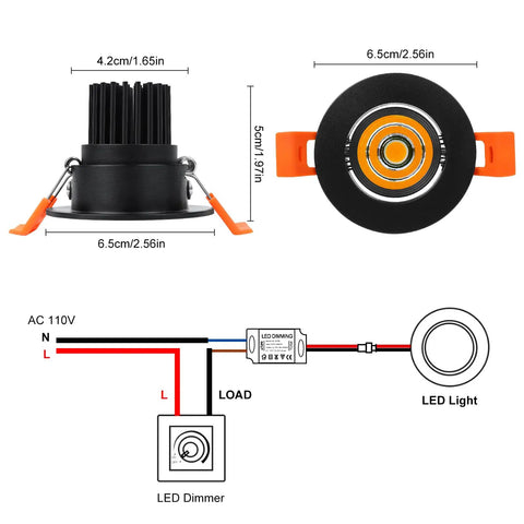 Dimensions and wiring diagram for 2 Inch LED Downlight Recessed Lighting 3W COB Dimmable Warm White 3000K CRI 80 Black Trim Kit