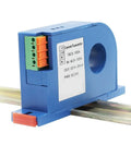 Top Shelf Hall Effect Current Transmitter Split Core Analog Output Monitor showing blue casing with wiring terminals for industrial use.