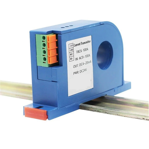 Top Shelf Hall Effect Current Transmitter Split Core Analog Output Monitor showing blue casing with wiring terminals for industrial use.
