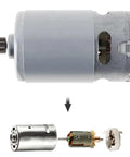 Banger RS550 Micro DC Motor Packed With A Beefy 11 Tooth Gearbox That Cranks Out A Massive 27500 RPM On 18V For Your Cordless Drill And Screwdriver Rig Projects showing motor and detailed internal components.