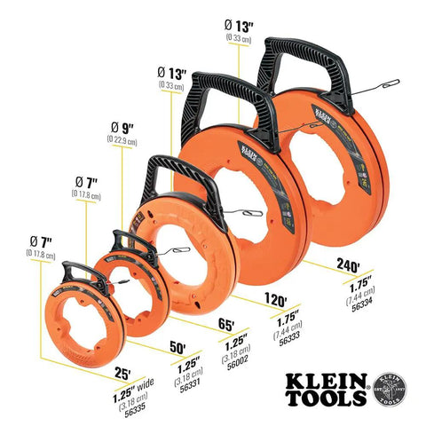 Heavy Duty Steel Fish Tape for Long Wire Runs with Double Loop Tip and Optimized Housing, Smooth Payout and Slip Resistant Handle for Easy Pulls, 240 Foot Length