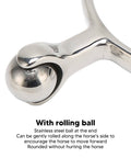 Close-up of stainless steel horse spur with smooth roller ball for boots, showing rounded design for gentle signals.