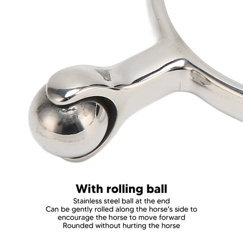 Close-up of stainless steel horse spur with smooth roller ball for boots, showing rounded design for gentle signals.