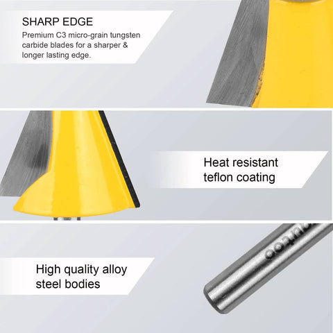 Close-up of Three Piece Chamfer Router Bit Set For Woodworking showing sharp tungsten carbide blades, teflon coating, and alloy steel body.