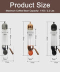 Wall Mounted Coffee Dispenser With Clear Glass Tube And Adjustable Wooden Lever in three colors with size dimensions displayed.
