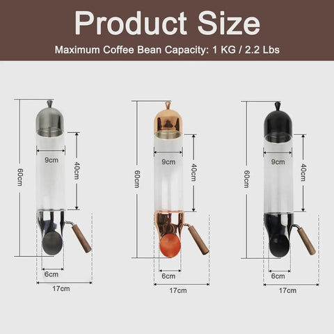 Wall Mounted Coffee Dispenser With Clear Glass Tube And Adjustable Wooden Lever in three colors with size dimensions displayed.