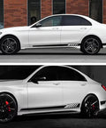 Level Up Your Ride Vibe With Sporty Side Skirt Stickers For Tesla Cybertruck Exterior Vinyl Decals And Scratch Protector Strips That Bring Dope Racing Energy To Your Daily Drive, showcasing matte black side skirt decals on a white sedan.