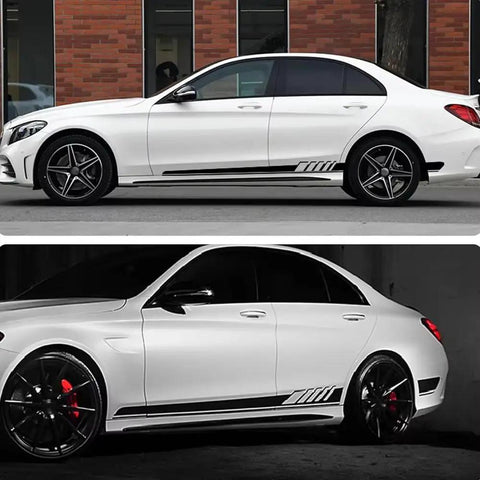 Level Up Your Ride Vibe With Sporty Side Skirt Stickers For Tesla Cybertruck Exterior Vinyl Decals And Scratch Protector Strips That Bring Dope Racing Energy To Your Daily Drive, showcasing matte black side skirt decals on a white sedan.
