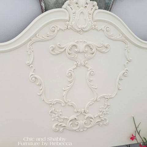 Ornate headboard painted with Chalk Mineral Furniture Paint In Drop Cloth, 32oz, Matte Linen White Finish For DIY Projects