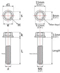 Technical drawing of Burnt Blue Titanium M6x60 Flange Hex Head Bolts for Motorcycle Brake Calipers and Bicycle Frames.
