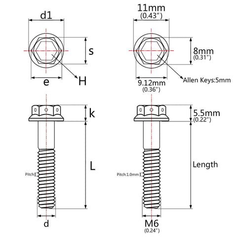Technical drawing of Burnt Blue Titanium M6x60 Flange Hex Head Bolts for Motorcycle Brake Calipers and Bicycle Frames.