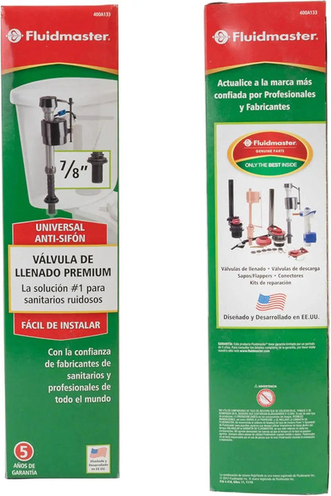 Premium Universal Toilet Fill Valve For Quiet, Powerful Flush, Adjustable Height packaging front and back view