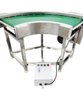 Heavy Duty Pvc Curved Conveyor Belt Makes 90 Degree Turns Without Any Sweat Electric Motor Adjustable Speed 19.6 Inch Wide Belt 400 Watt 110 Volt stainless steel frame with green belt.