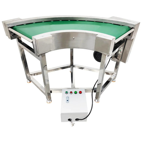 Heavy Duty Pvc Curved Conveyor Belt Makes 90 Degree Turns Without Any Sweat Electric Motor Adjustable Speed 19.6 Inch Wide Belt 400 Watt 110 Volt stainless steel frame with green belt.