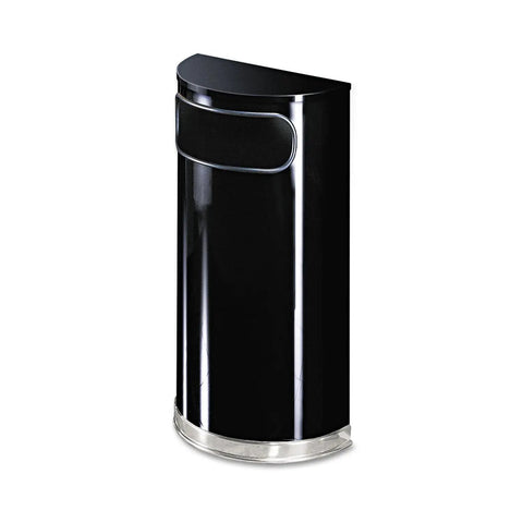 European And Metallic Series Half Round 9-Gallon Trash Can With Side Opening, Black And Chrome Waste Receptacle For Indoor Outdoor Use